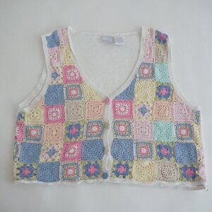 Vintage Blair Cream Pastel Granny Square Crochet Patchwork Knit Vest Cottage 2XL